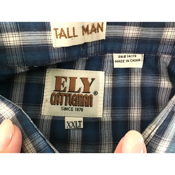 ELY CATTLEMAN -MENS BLUE PLAID BUTTON-DOWN SHORT SLEEVE TALL MAN SHIRT SIZE 2XLT - Picture 3 of 7